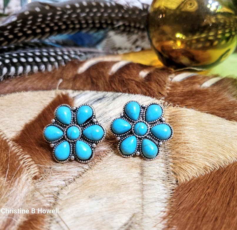 Flower Petal Turquoise and Silver Post Earring