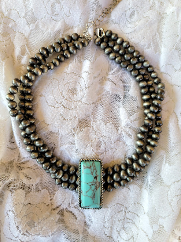 Navajo Pearl Inspired Three Strand Choker with Turquoise Slab