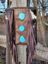 Load image into Gallery viewer, Chocolate Brown Crossbody Handbag with Turquoise Slabs and Fringe
