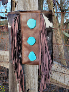 Chocolate Brown Crossbody Handbag with Turquoise Slabs and Fringe