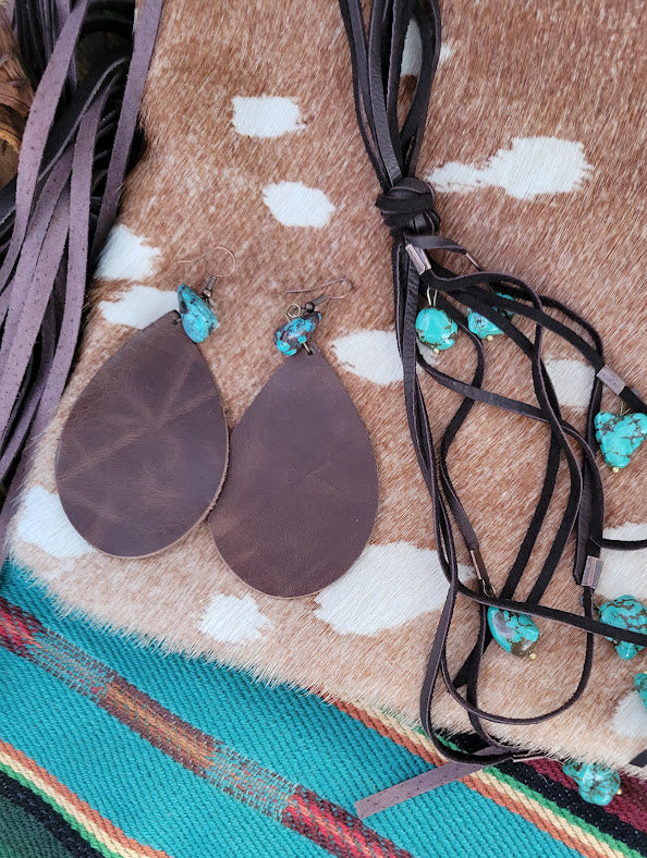 Brown Leather Teardrop Earring with Natural Turquoise Stone