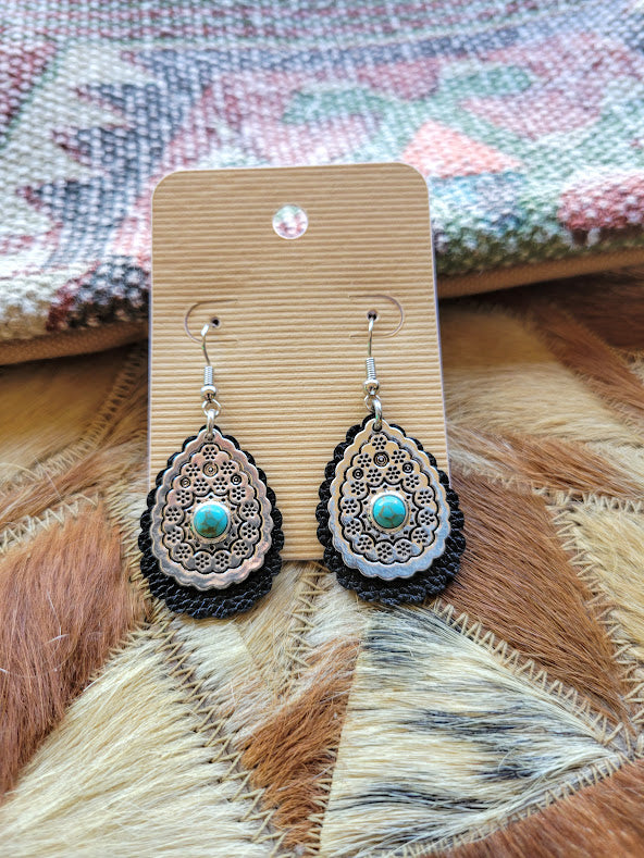 Black Leather, Silver and Turquoise Dangle Earring