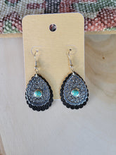 Load image into Gallery viewer, Black Leather, Silver and Turquoise Dangle Earring
