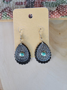 Black Leather, Silver and Turquoise Dangle Earring