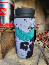 Load image into Gallery viewer, Cowhide and Turquoise Koozie
