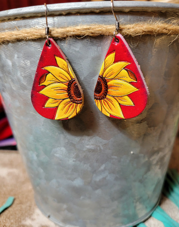 Sunflower Tooled Leather Earring