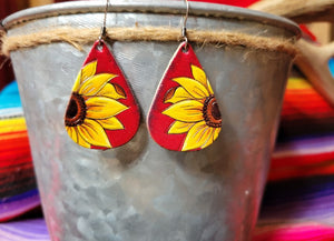 Sunflower Tooled Leather Earring