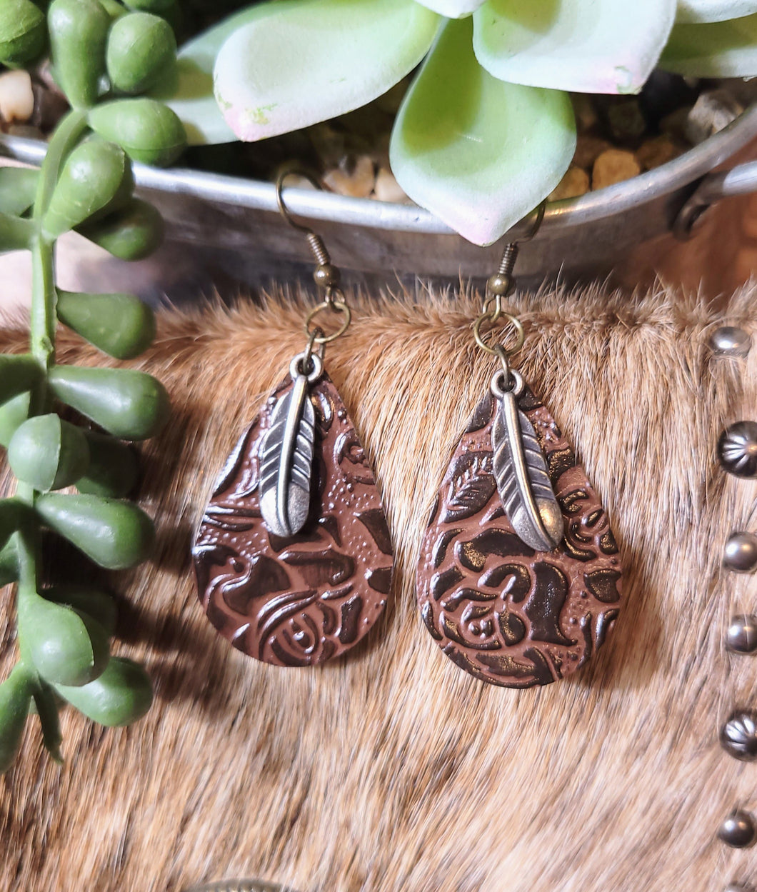 Leather Teardrop  with Feather Accent Earrings