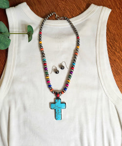 Turquoise Cross Navajo Pearl Bead Necklace