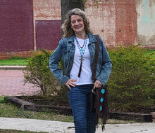 Load image into Gallery viewer, Chocolate Brown Crossbody Handbag with Turquoise Slabs and Fringe
