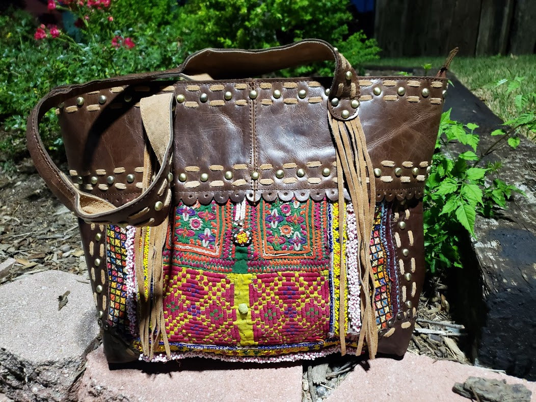 Vintage Addiction Brown Leather Fringed Tote with Vintage Fabric and Beads