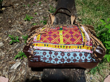 Load image into Gallery viewer, Vintage Addiction Brown Leather Fringed Tote with Vintage Fabric and Beads
