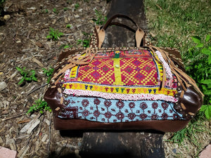 Vintage Addiction Brown Leather Fringed Tote with Vintage Fabric and Beads